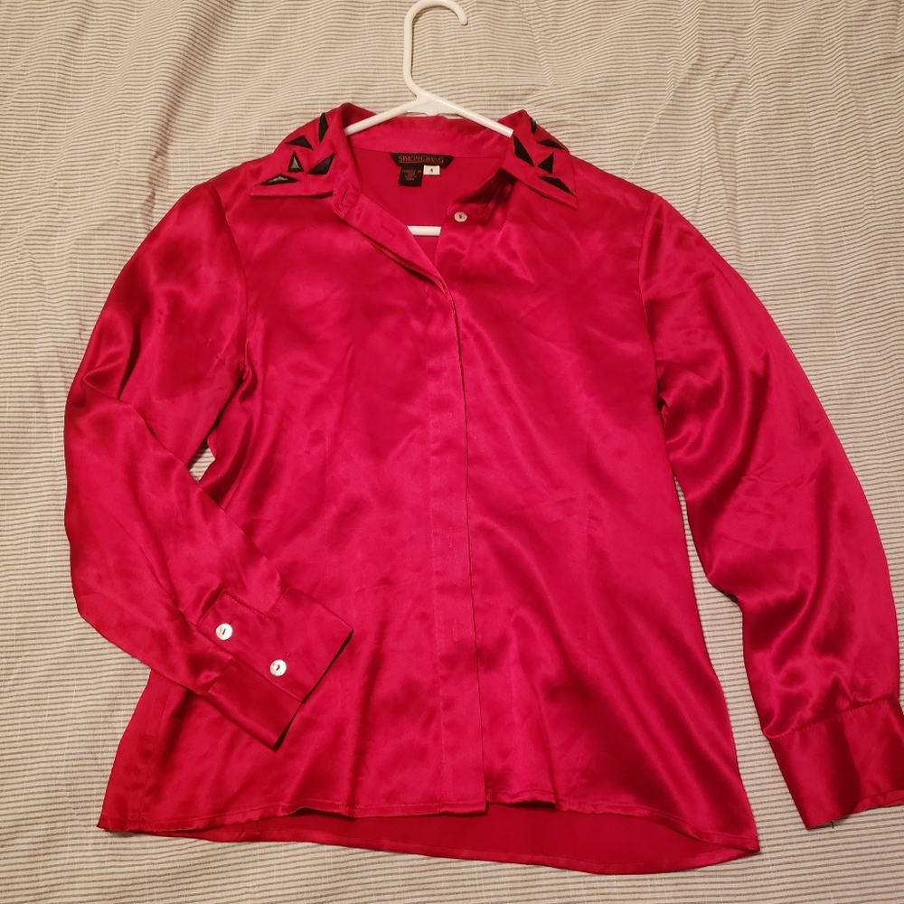 Simon Chang red silk button up